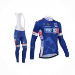 2014 Maillot Cyclisme FDJ Bleu Manches Longues Et Cuissard