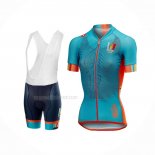 2018 Maillot Cyclisme Femme Castelli Bleu Orange Manches Courtes Et Cuissard